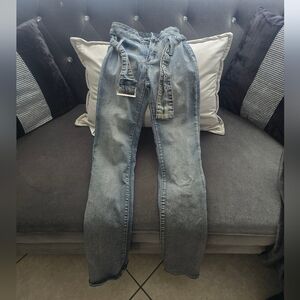 Women’s Light Blue Wide Leg Denim Jeans with Tie Belt